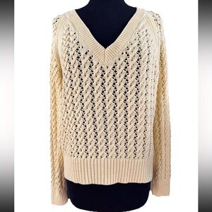 Talbots Open Stitch V-Neck Long Sleeve Sweater Cotton Yellow Size Medium